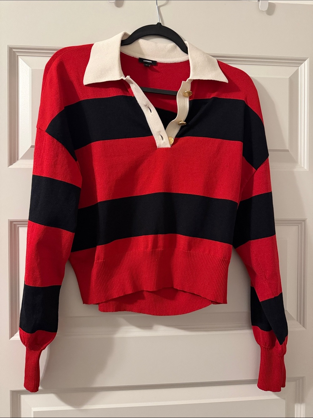 Express Red and Black Striped Rugby Polo Sweater with Cream Collar
